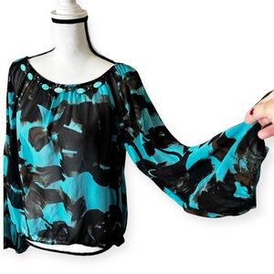 Karen Kane Turquoise and Black Floral Brushstroke Blouse